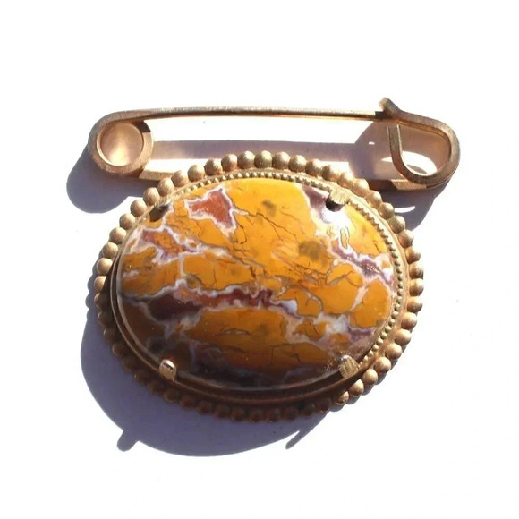 Vintage Gemstone (Agate Stone Geode Crystal) Yellow Brooch Clip Scarf Decor - Picture 1 of 2